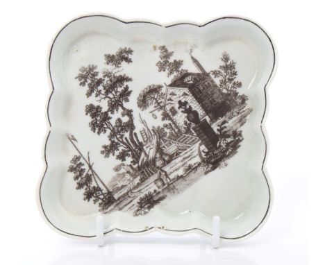Mid-18th century Worcester fluted square spoon tray, transfer printed in black enamel with Mill scene, 13.5cm   CONDITION REP