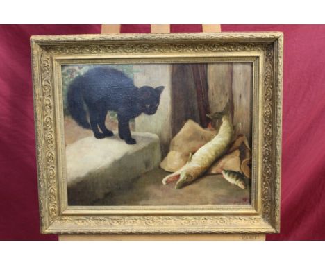 Victorian English School oil on canvas - a black cat on a step with dead pike, initialled - J. S., in gilt frame, 33.5cm x 43