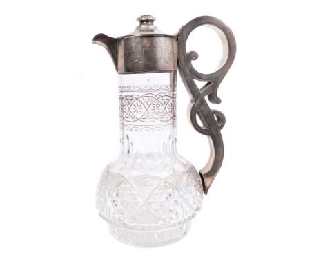 Victorian silver mounted cut glass claret jug of baluster form, with flower-head and strawberry pattern decoration, foliate e