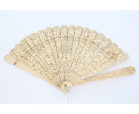 Good quality 19th century Cantonese carved ivory fan with finely pierced figure, dragon and building decoration and central J