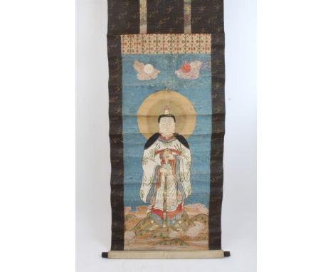 Antique Chinese ancestor painting laid down on to fabric lined scroll, image 86cm x 49cm, housed within domed Chinese tooled 