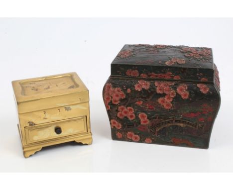Early 20th century Japanese gold lacquer casket with twin lidded compartments and drawer, 9cm and 1930s Japanese cast metal t