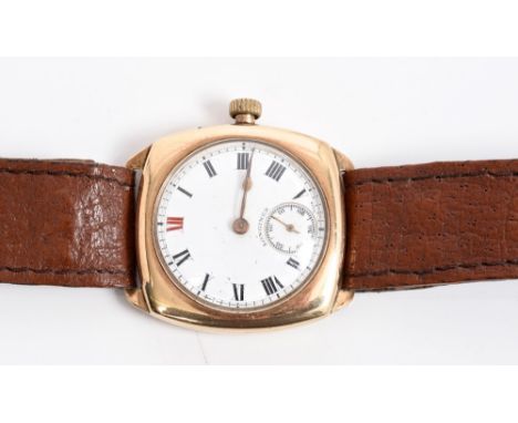 1930s gentlemen's gold (9ct) Longines wristwatch in cushion-shaped case (hallmarked 1935), white enamel dial with Roman numer