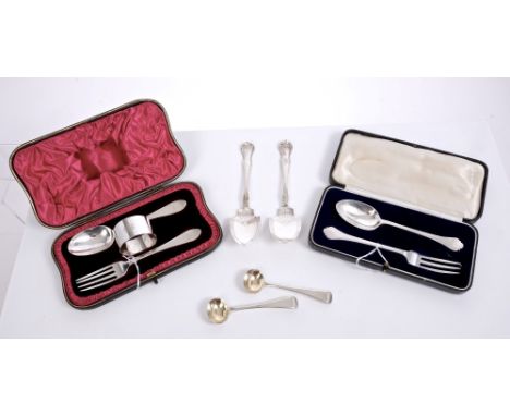 Edwardian silver christening set - comprising fork, spoon and napkin ring with engraved initials, in a fitted case (London 19