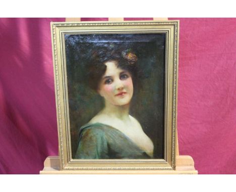 Follower of Frank Stone, Edwardian oil on canvas - portrait of a young lady with rose in her hair, in gilt frame, 39cm x 29cm