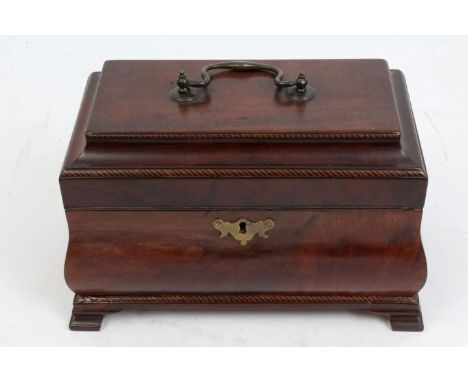 Georgian inlaid mahogany bombe tea caddy with brass swan-neck handle, three internal divisions, on ogee bracket feet, 25cm wi