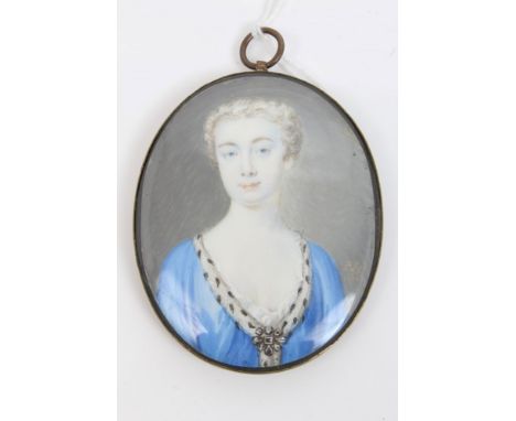 Peter Paul Lens (1714 - 1750), watercolour on ivory - miniature portrait of a lady, wearing ermine-trimmed blue gown, signed 