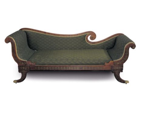 Regency brass inlaid rosewood and mahogany chaise longue with double scroll ends, green damask upholstery with bolster cushio