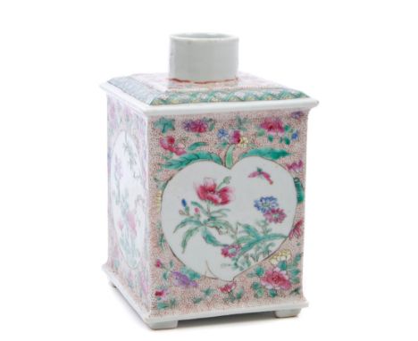 19th century Chinese famille rose porcelain tea caddy of square form, with cylindrical neck (no lid), finely painted with flo