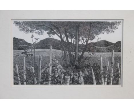 Monica Poole (1921 - 2003), three signed black and white lincouts - Dry September, 21cm x 16cm, Pilgrims Way, 16cm x 26.5cm, 