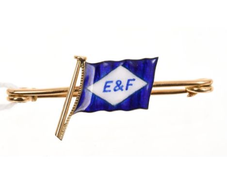 Gold and enamel brooch with enamel flag for Elders & Fyffes - The British Shipping Company, on gold bar, stamped '18c', 45mm.