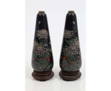 Pair good quality late 19th century Japanese cloisonné vases of tapered form, with floral decoration on dark blue ground, 15c