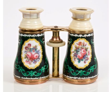 Pair Victorian gilt metal and enamelled opera glasses painted with floral sprays with ivory and mother of pearl mounts, 9.5cm