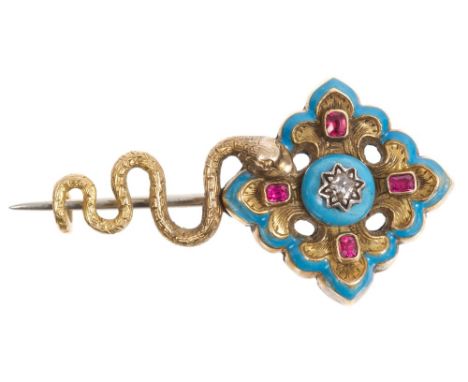 Early Victorian turquoise enamel and gem set brooch in the form of a serpent and a cross, set with a diamond to the centre an