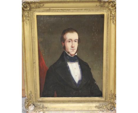 Victorian English School oil on canvas - portrait of a gentleman in black coat, in gilt frame, 76cm x 64cm
