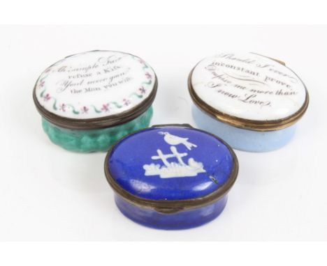 Three late 18th century Staffordshire enamel patch boxes of oval form, two with romantic verse decoration, the third painted 