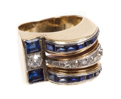 1940s Art Deco diamond and sapphire cocktail ring of 'Odeonesque' design - the domed pierced top and single stepped shoulder 