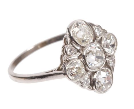 Art Deco diamond cluster ring, the lozenge-shape openwork plaque set with five old cut diamonds interspaced by four small sin