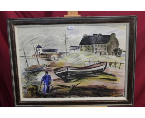 Norah McGuiness (1901 - 1980), signed colour lithograph - Fishermans Beach, 1937, in glazed frame, 54cm x 78cm. NB: From the 