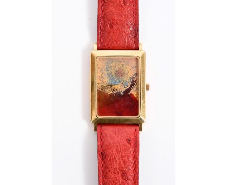 Zitura designer gold (18ct) wristwatch with rectangular enamel dial with abstract design in tank-shape gold case, signed and 