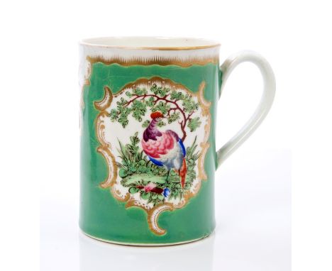 18th century Worcester cylindrical mug with polychrome exotic bird reserves on pale green and gilt ground, with loop handle, 