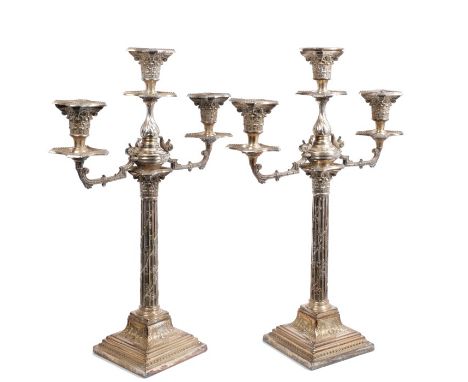 Pair Victorian silver plated three-light candelabra with Corinthian columns entwined with vines, on stepped bases with bead a