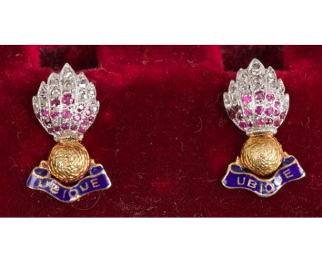 Pair regimental sweetheart earrings for The Royal Artillery, set with rose cut diamonds, mixed cut rubies and blue enamel, in