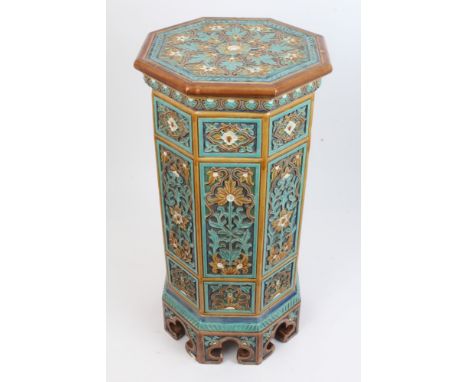 Victorian Majolica stand / table of Islamic-style octagonal column form, with moulded floral panels, on bracket feet, 67cm hi