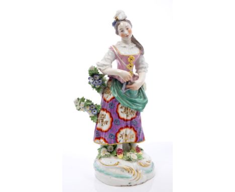 18th century Derby figure of a lady playing a triangle, circa 1770, with floral decoration and rococo moulded base - incised 