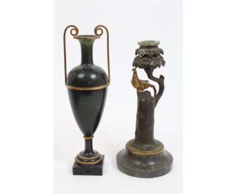 19th century bronze and ormolu candlesticks in the form of a pheasant on tree trunk, on circular green marble socle, 22.5cm h