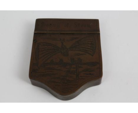 Highly unusual brass snuff box of bowfronted form, with hinged cover engraved with fantastical image of a flying machine in l