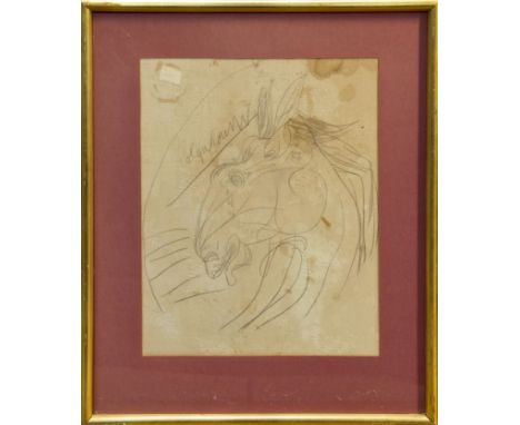 *Robert Colquhoun (1914 - 1962), pencil sketch on a linen tablecloth - Horse Head, signed, in glazed gilt frame, 55cm x 43cmP