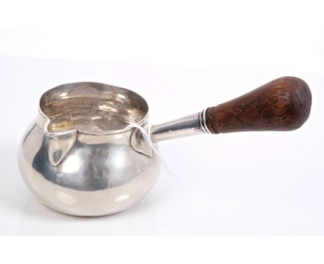 George I silver brandy warmer of bellied form, with engraved monogram and side mounted turned wooden handle (London 1723), po