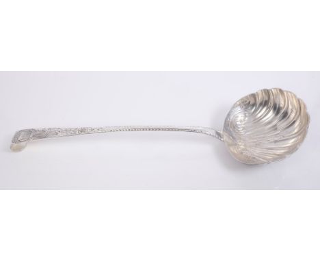 A rare George III Irish provincial 'hook-end' soup ladle with chased scroll and fluted shell bowl, feather-edge lower stem an