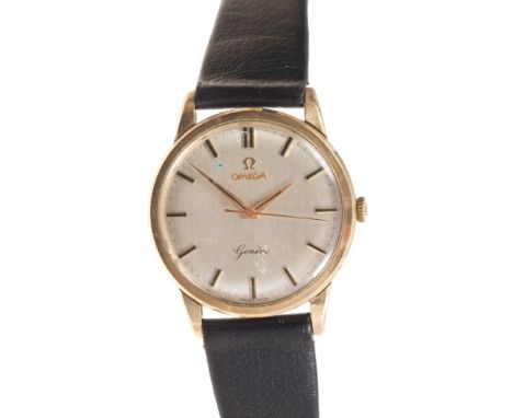 1960s gentlemen's Omega Genève gold (9ct) wristwatch with manual-wind movement, circular dial with satin finish, baton hour m