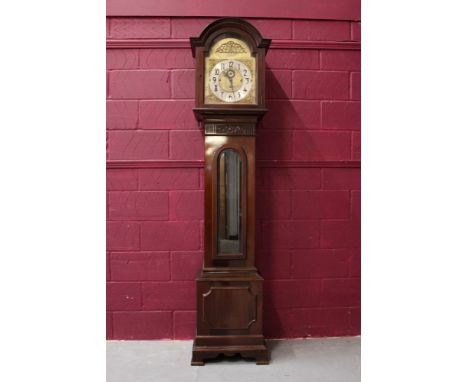 Edwardian longcase clock with eight day three-train Westminster chiming movement, 13½ inch brass break arch dial with silvere