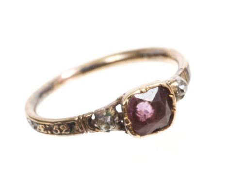 George III amethyst, diamond and enamel mourning ring with central amethyst flanked by two diamonds, the black enamel and gol