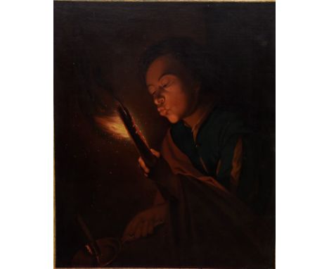 Follower of Godfried Schalcken (1643 - 1706), oil on canvas - young man with a flaming torch and chamber stick, unframed, 77c