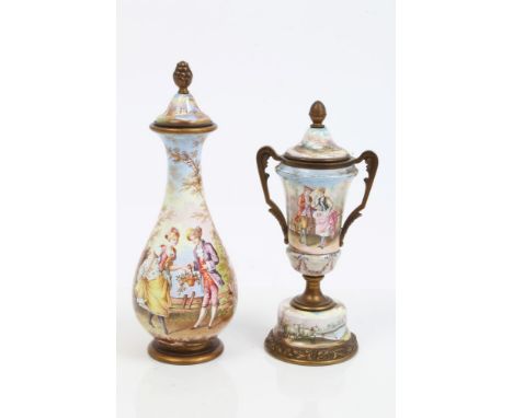 Late 19th century Viennese enamel bottle-shaped vase and cover, finely painted with romantic couple, with sheep in landscape 