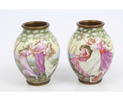 Pair late 19th century Viennese enamel vases of baluster form, polychrome painted with classical female figures in landscape,