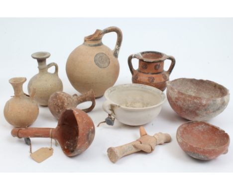 Collection of ancient and later Greco-Cypriot pottery vessels including vases, jugs, ladle, cups etc (12 pieces) 