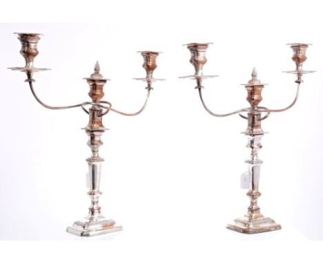 Pair early 19th century Sheffield Plate three-light candelabra with tapering rectangular stems and gadrooned borders, slender