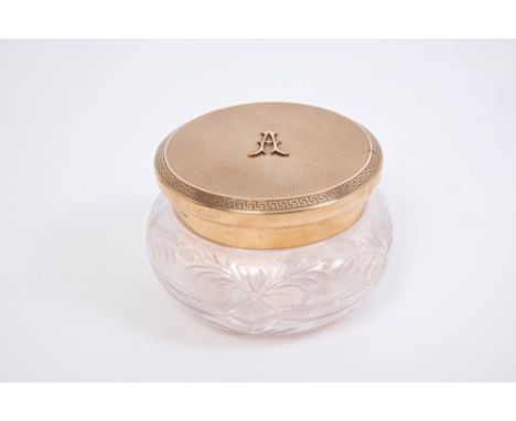 Fine quality gold mounted cut glass powder pot, the cut glass body with gold (9ct) lid, applied to the centre with a gold ini