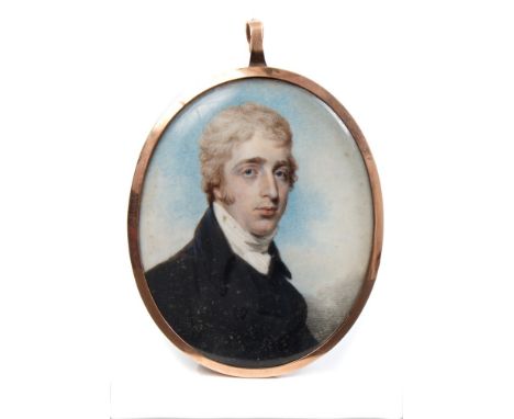 Circle of Andrew Plimer (1763 - 1837), watercolour on ivory - half-length portrait miniature of a gentleman wearing white nec