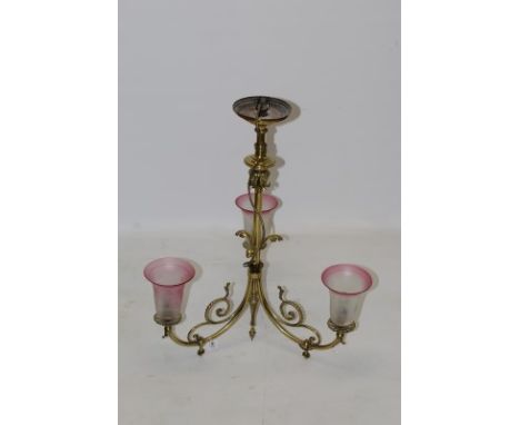 Victorian-style ceiling light with central acanthus knopped column issuing three scrolling arms, terminating in uplights with