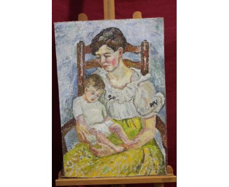 Joanna Shelton (nee Jackson 1916 - 1991), oil on board - portrait of a mother and child, 65cm x 44cm, another of a lady seate