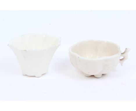 Antique Chinese blanc-de-chine tea bowl of five lobed form, with moulded prunus blossom and flower-head foot, 6.5cm and anoth