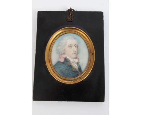 Circle of Andrew Plimer (1763 - 1837), watercolour on ivory - portrait of a Gentleman, in blue coat and white cravat and powd