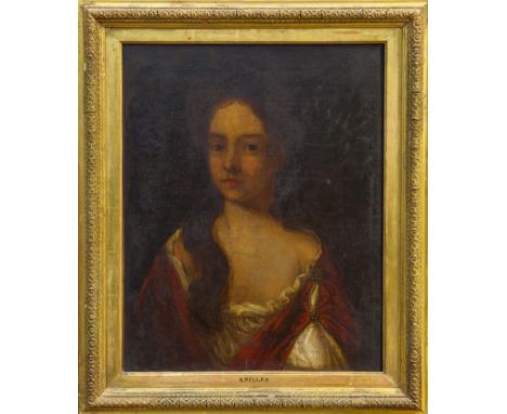 Follower of Sir Godfrey Kneller, oil on canvas - half length portrait of a young lady in red shawl, in gilt frame, 60cm x 47c