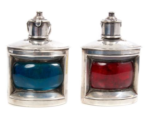 Late Victorian silver vesta case and taper stick modelled as a pair of Port and Starboard ships' lamps with red and blue glas